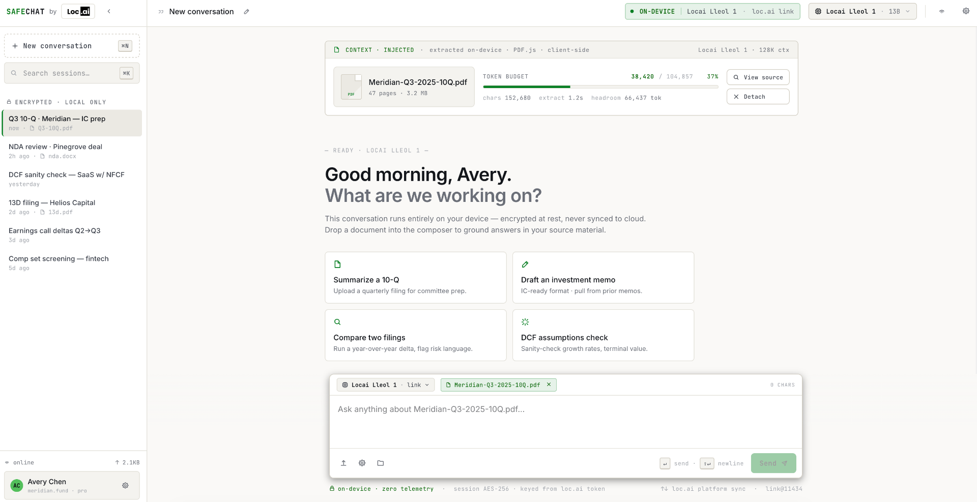 SafeChat on-device AI workspace showing encrypted local sessions and a private chat over a Q3 10-Q filing